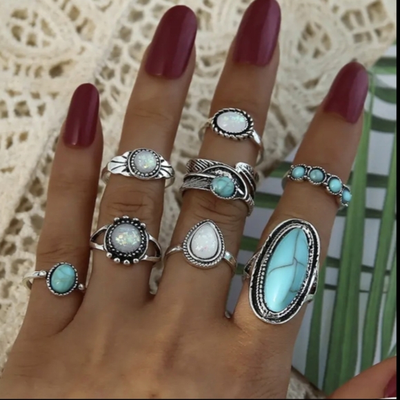 Bohemian Ring Set Rodeo Style Jewelry Blue White Silvery Statement Boho Rings - Picture 7 of 11